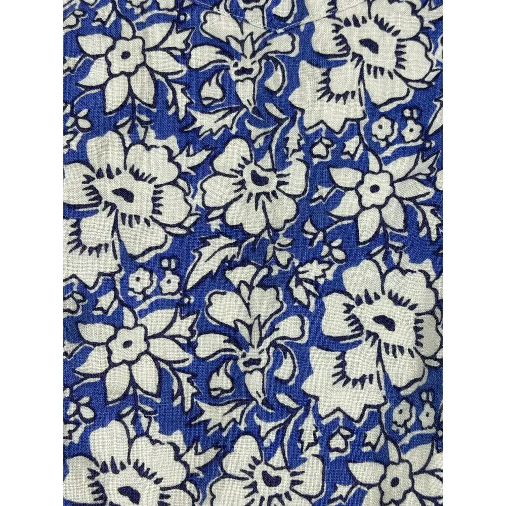 J Crew Men Large Blue White Linen Blend Short Sleeve Button Front Floral Shirt